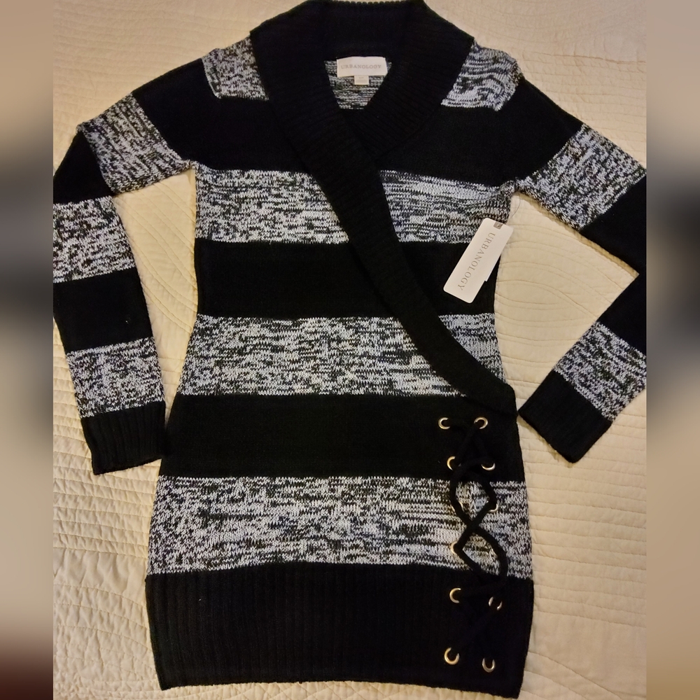 Urbanology Striped Black and Gray Cowl Neck Sweater/Tunic